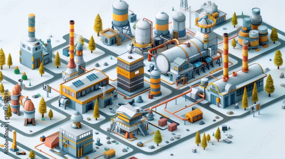 Isometric illustration of a factory complex with buildings, pipes, and trees on a white background. Isometric illustration of a factory complex with buildings, pipes, and trees on a white background.