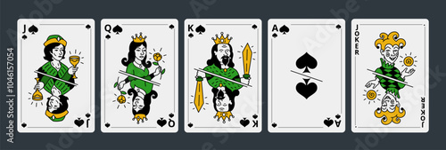 Set playing cards. Jack queen king and ace. Vector illustration. Unique drawings.