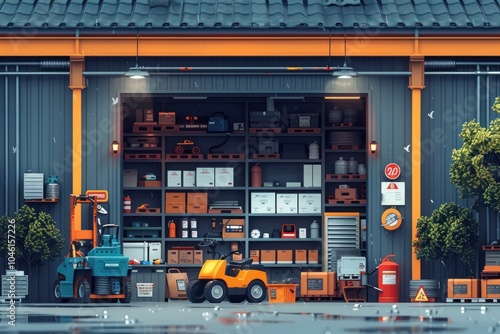 Wallpaper Mural A small warehouse with two forklifts in front of it, the doors are open and the interior is visible with shelves filled with tools, boxes, and other equipment. Torontodigital.ca