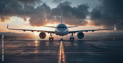 Passenger wide body airplane. Aircraft on the airport runway at the sunset time photo