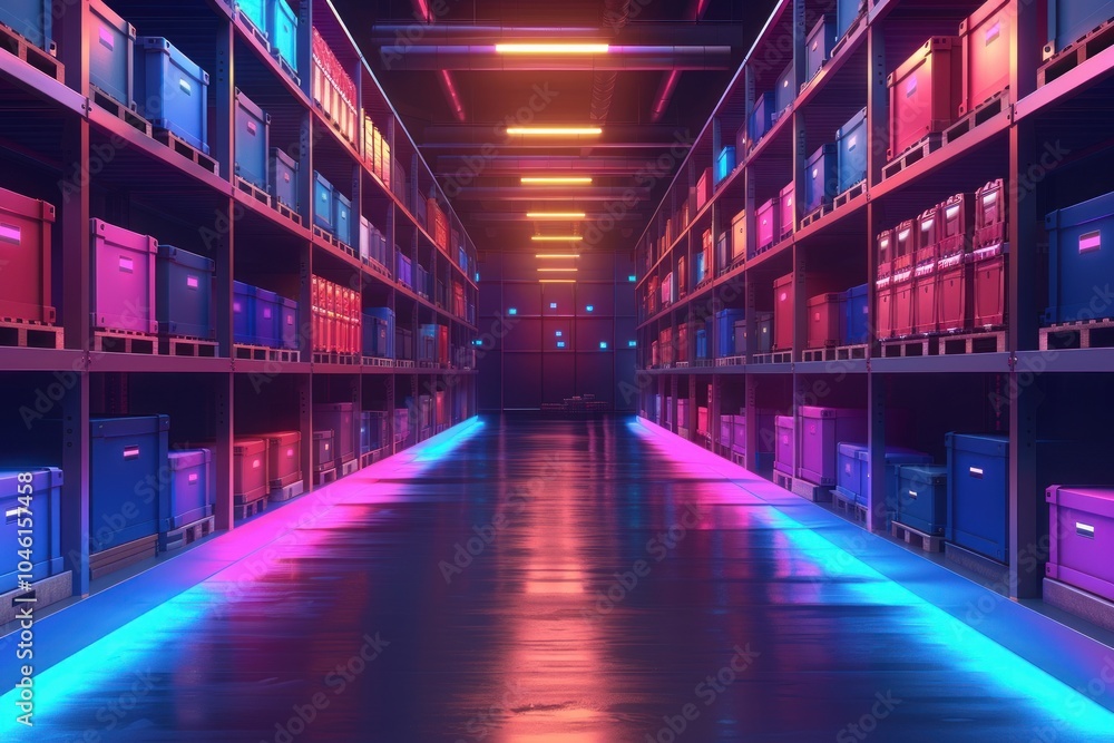 A long, narrow warehouse corridor with shelves stocked with colorful boxes. Neon lights illuminate the space, casting a futuristic glow. A long, narrow warehouse corridor with shelves stocked with colorful boxes. Neon lights illuminate the space, casting a futuristic glow.