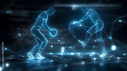 Futuristic wireframe figures dynamically charging and pulsing with glowing electric energy in an abstract digital landscape Representing innovation technology