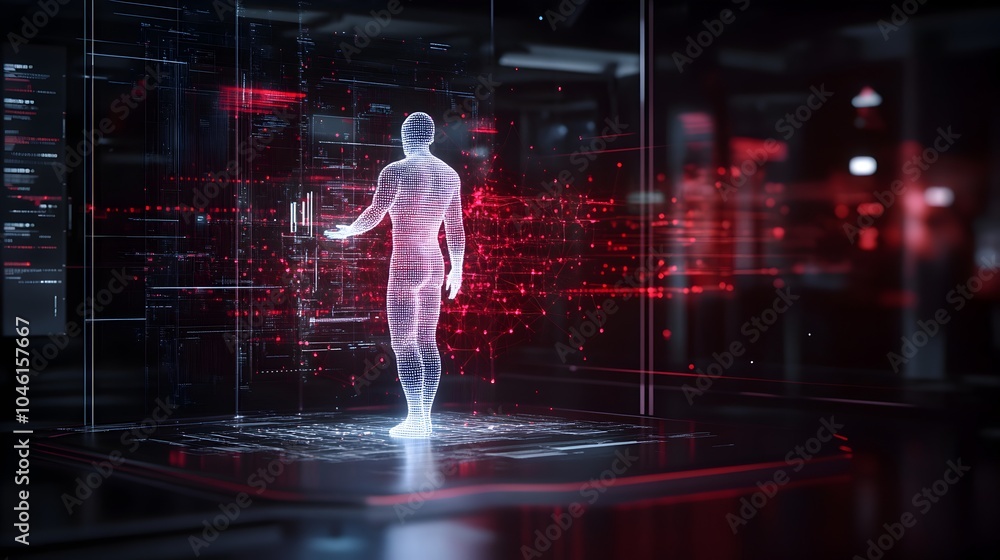 Fototapeta premium Futuristic holographic display showcasing a wireframe humanoid figure gestured in a dynamic neon lit digital environment with abstract data visualization and high tech interface elements