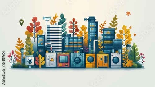 A colorful illustration of a city skyline with autumn leaves and buildings.