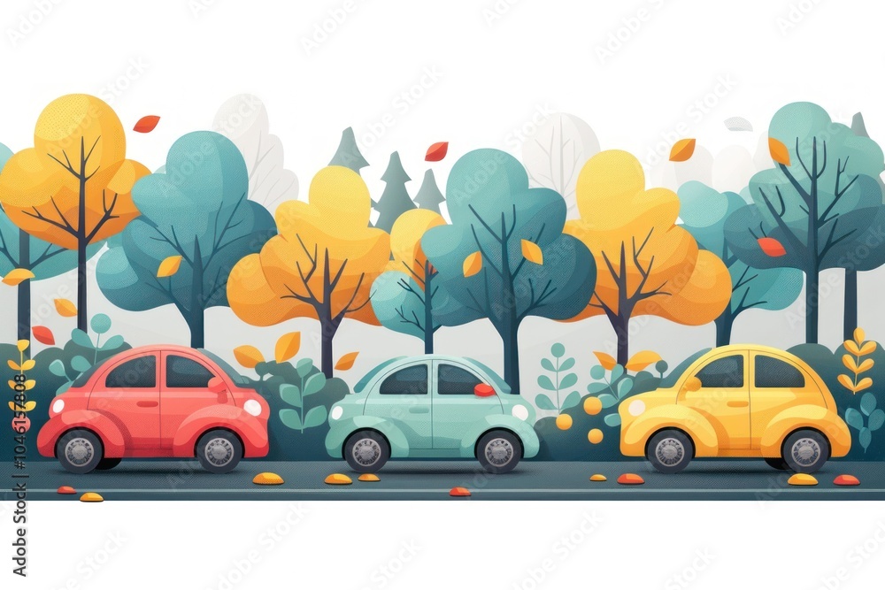 Three cartoon cars driving along a road lined with autumn trees. Three cartoon cars driving along a road lined with autumn trees.