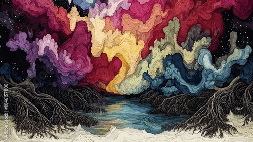 Surreal colorful abstract landscape with swirling clouds and vibrant sky, set against a dynamic backdrop of twisted tree roots and flowing water. Fantasy art with cosmic feel