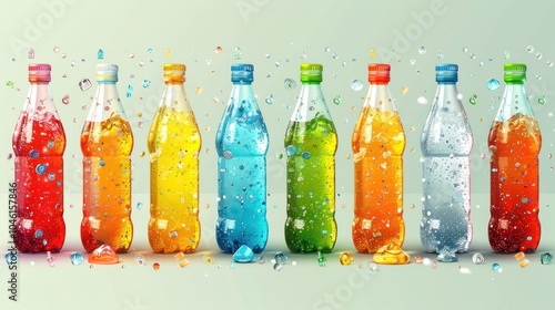 A row of colorful, transparent plastic bottles filled with fizzy, carbonated drinks, with ice cubes and water drops surrounding them on a light green background. photo