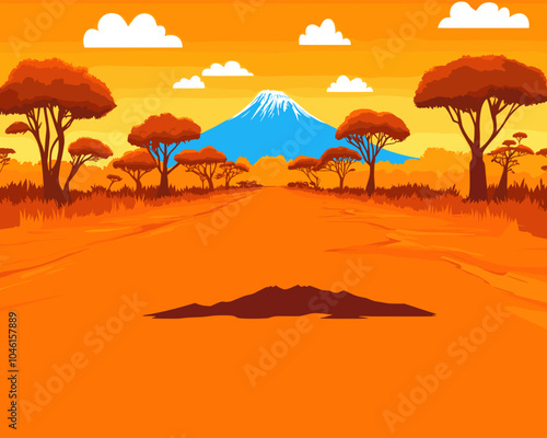 African savanna landscape with Mount Kilimanjaro in the background and orange trees along a dirt road under a warm yellow sky. Nature scenery in vibrant colors