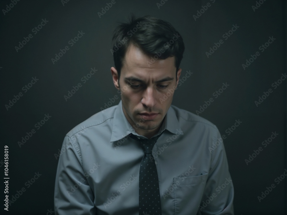 Fototapeta premium Pensive Young Man in Gray Shirt and Tie Against Dark Background