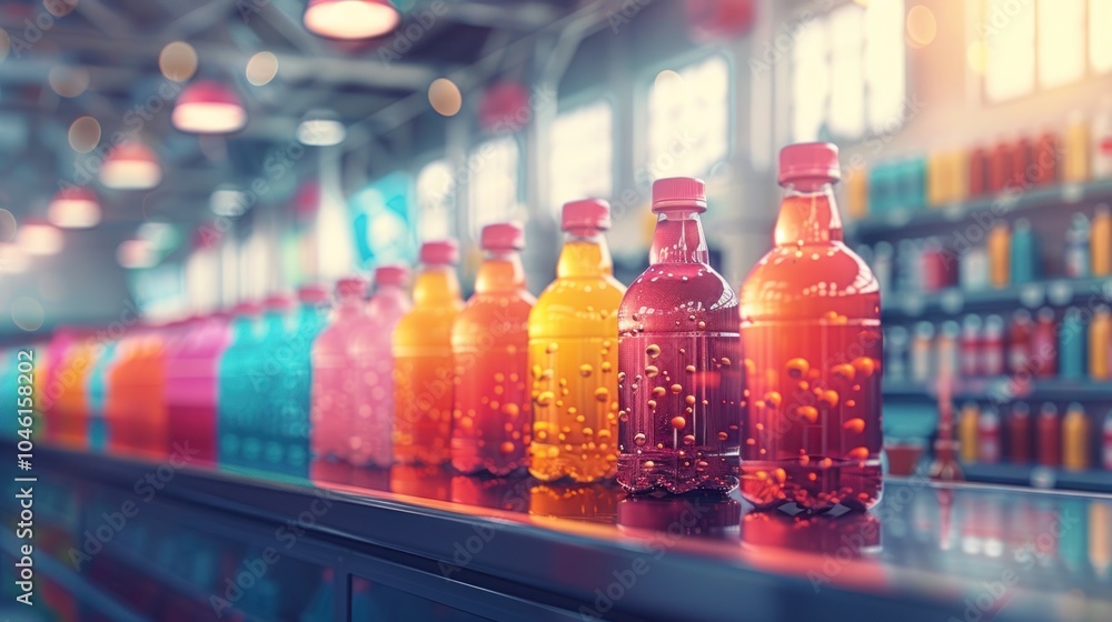 A row of colorful bottles of soda on a shelf in a grocery store. A row of colorful bottles of soda on a shelf in a grocery store.