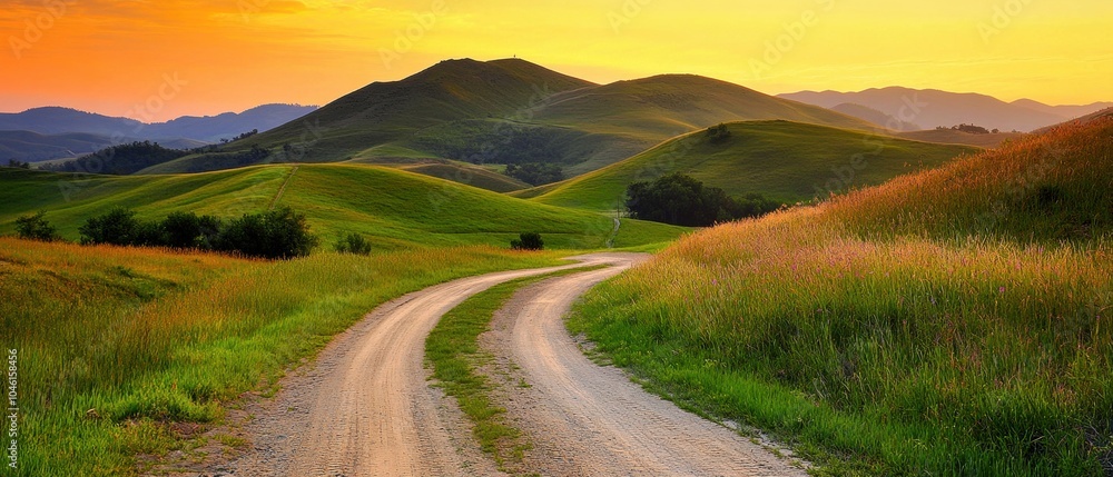 Scenic rural road winding through vibrant green fields under a stunning sunset sky. Scenic rural road winding through vibrant green fields under a stunning sunset sky.