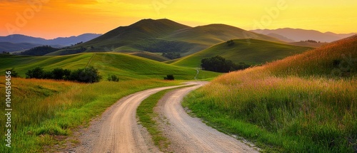 Scenic rural road winding through vibrant green fields under a stunning sunset sky.