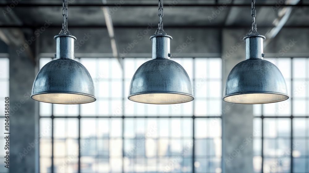 Obraz premium Industrial style pendant lights hanging from a ceiling in a spacious room with large windows.