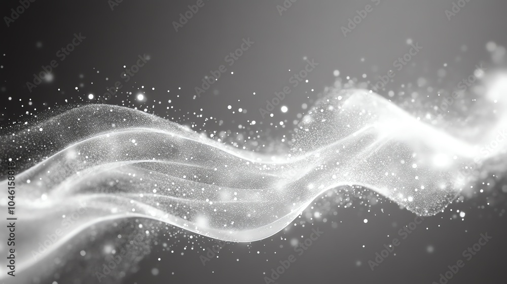 Abstract background with a flowing, white, wavy line of light and sparkles against a gray background. Abstract background with a flowing, white, wavy line of light and sparkles against a gray background.
