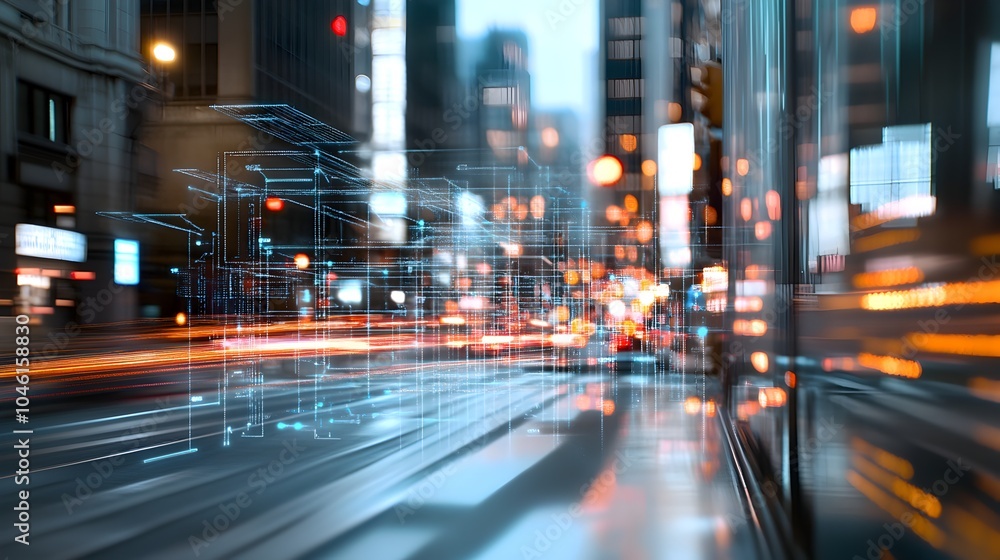 Blurry dynamic cityscape of illuminated skyscrapers and busy traffic at night creating a sense of speed technology and urban energy Blurry dynamic cityscape of illuminated skyscrapers and busy traffic at night creating a sense of speed technology and urban energy