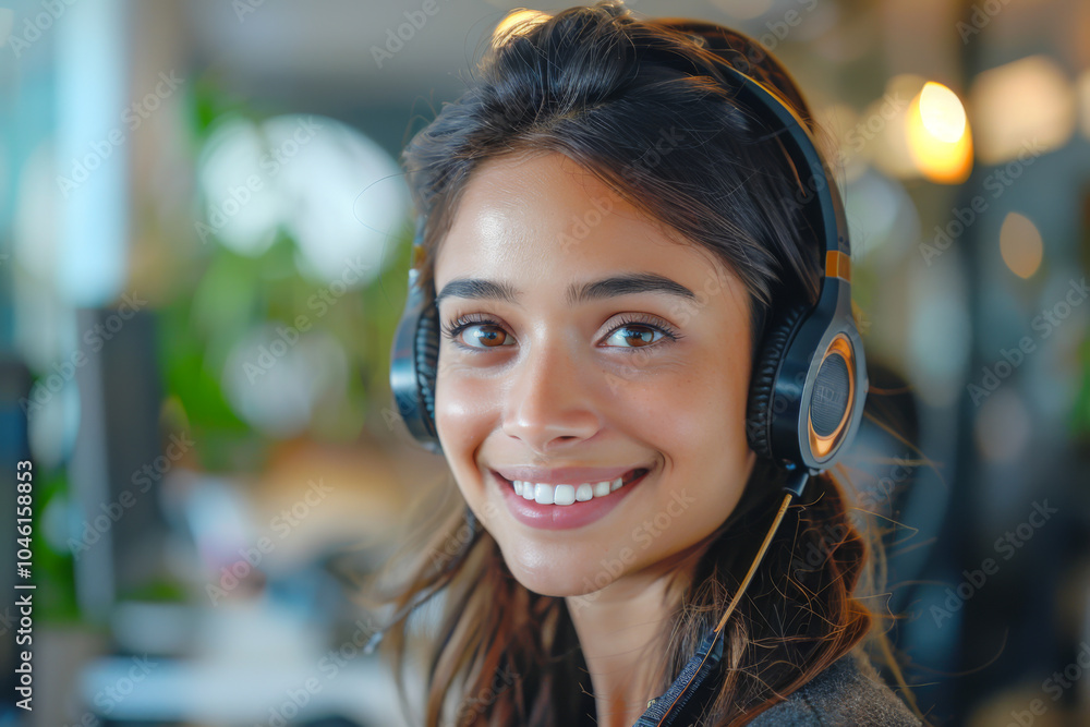 Smiling customer service representative in a contemporary call center Smiling customer service representative in a contemporary call center