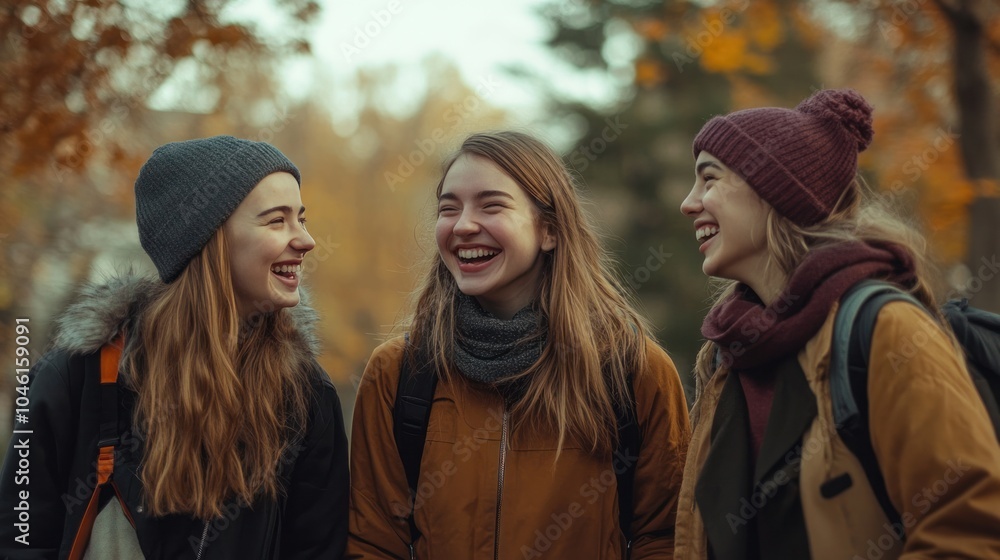 Fototapeta premium Friends laughing together while walking through a park