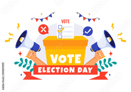 Election Day Political Vector Illustration featuring Voters Casting Ballots at a Polling Station with Global Representation in a Flat Background
