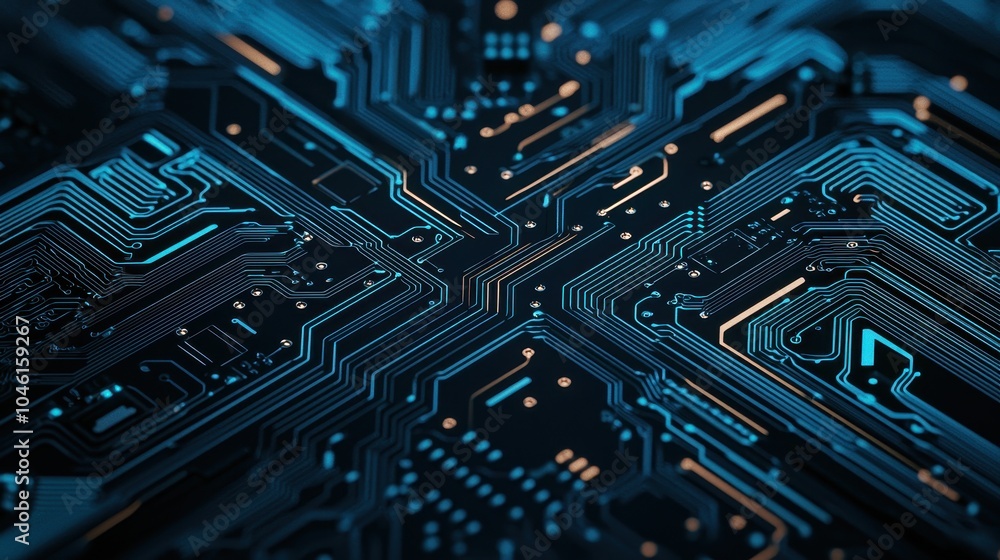 Close-up of intricate circuit board pattern with glowing blue elements on a dark background. Close-up of intricate circuit board pattern with glowing blue elements on a dark background.