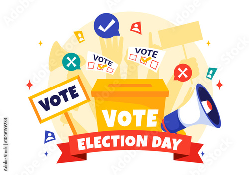 Election Day Political Vector Illustration featuring Voters Casting Ballots at a Polling Station with Global Representation in a Flat Background