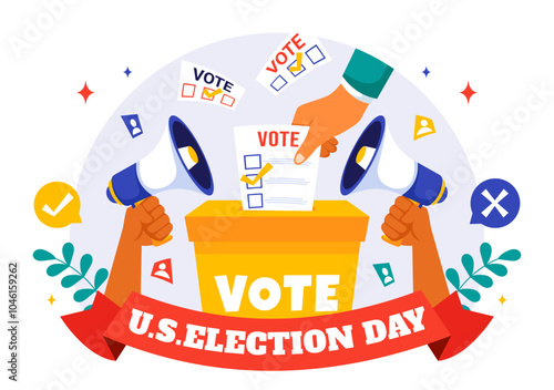 Election Day Political Vector Illustration featuring Voters Casting Ballots at a Polling Station with Global Representation in a Flat Background