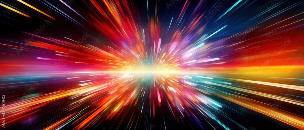 Dynamic colorful light rays bursting from the center on a dark background, creating a vibrant and energetic visual effect. Dynamic colorful light rays bursting from the center on a dark background, creating a vibrant and energetic visual effect.
