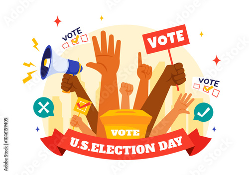 Election Day Political Vector Illustration featuring Voters Casting Ballots at a Polling Station with Global Representation in a Flat Background