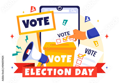 Election Day Political Vector Illustration featuring Voters Casting Ballots at a Polling Station with Global Representation in a Flat Background