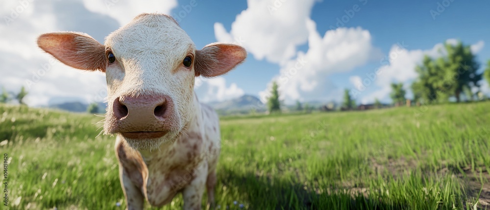 Fototapeta premium Cute calf grazing in a vibrant green field under a blue sky with fluffy clouds.