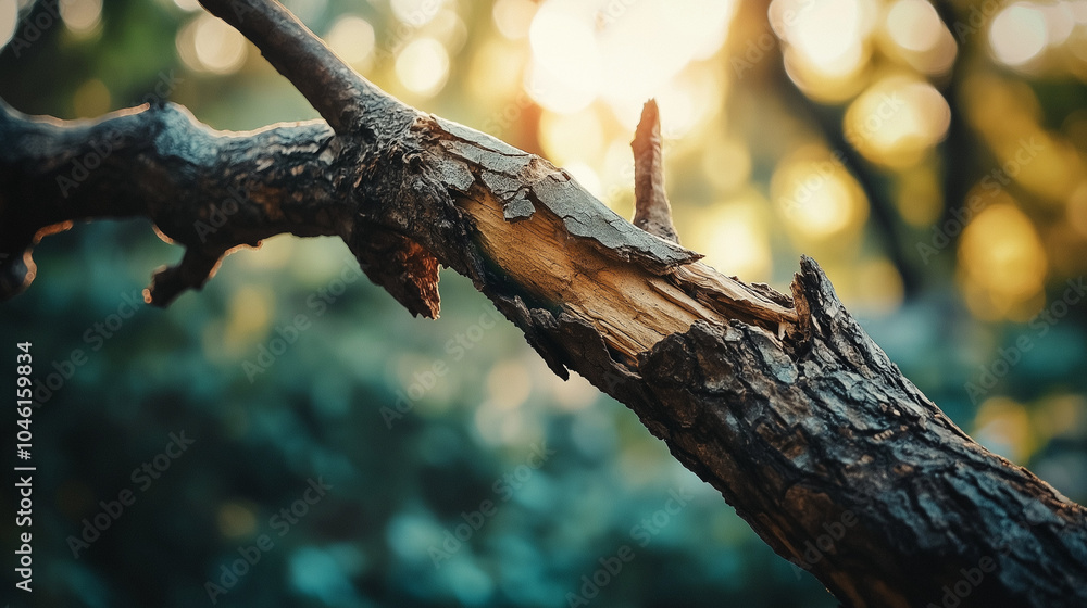 Earthquake concept,close-up view reveals a fractured tree branch adorned with rough bark,gently illuminated by warm sunlight filtering through forest foliage,copy space Earthquake concept,close-up view reveals a fractured tree branch adorned with rough bark,gently illuminated by warm sunlight filtering through forest foliage,copy space