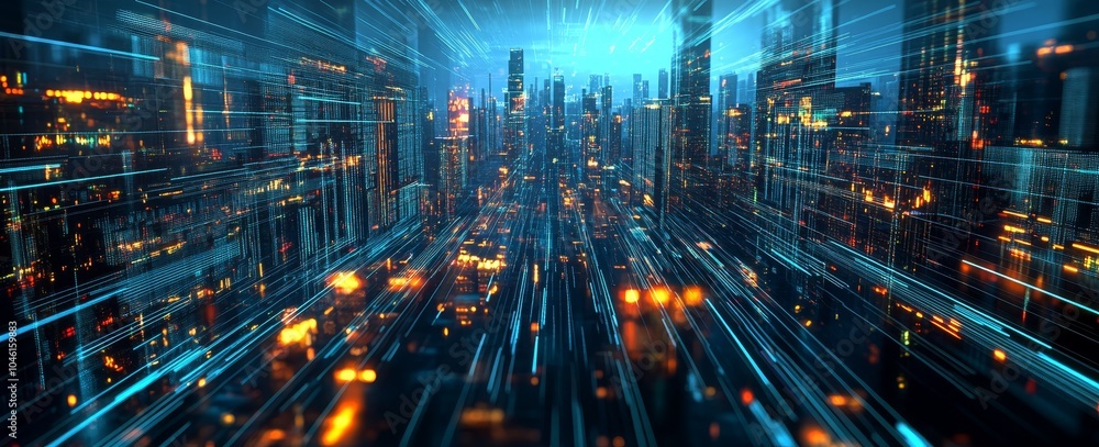 Futuristic city skyline with blue and orange lights and digital lines. Futuristic city skyline with blue and orange lights and digital lines.