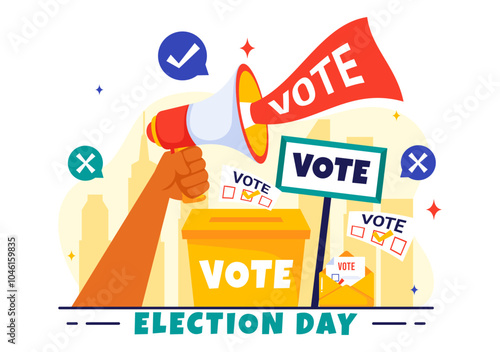 Election Day Political Vector Illustration featuring Voters Casting Ballots at a Polling Station with Global Representation in a Flat Background