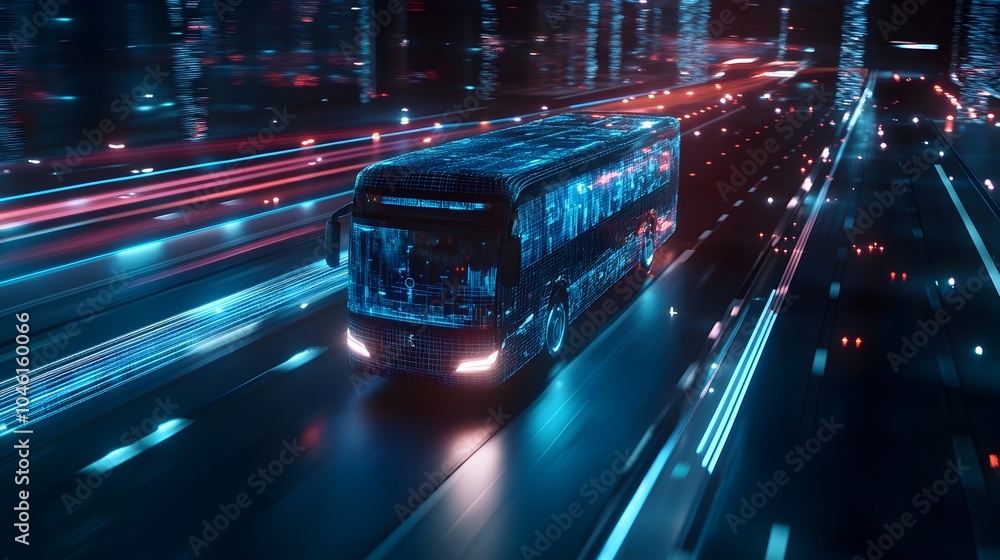 Blurred motion of futuristic city lights and urban transportation scene at night Glowing luminous buses and vehicles speeding along the illuminated metropolitan highway or road network Blurred motion of futuristic city lights and urban transportation scene at night Glowing luminous buses and vehicles speeding along the illuminated metropolitan highway or road network