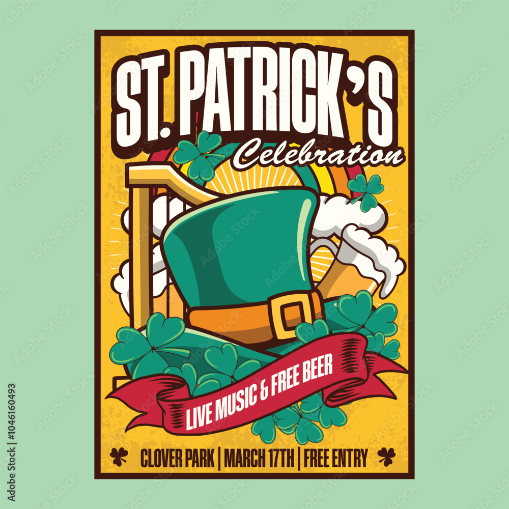Obraz premium Happy Saint Patrick's Day Retro Cartoon Mascot Character Groovy Vintage Style for poster, flyer, brochure, invitation, greeting card, banner, web, sticker