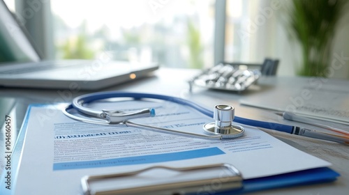 Health insurance policy document on a desk, with a focus on coverage details photo