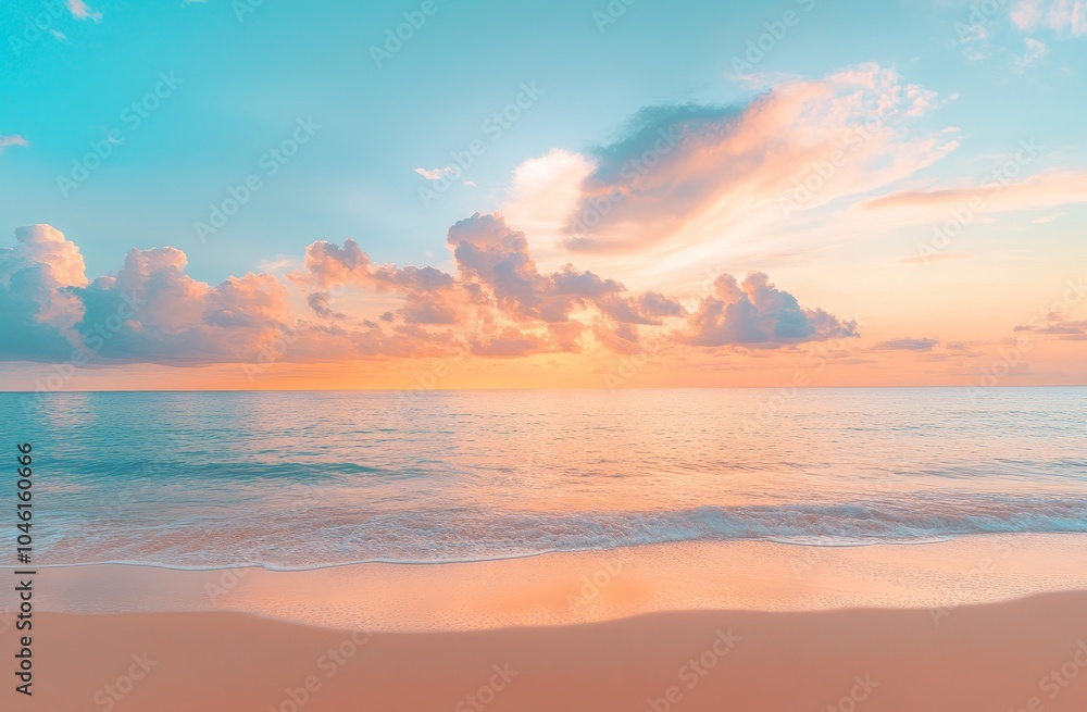 Calm ocean water and sandy beach under a pastel sunset sky. Calm ocean water and sandy beach under a pastel sunset sky.