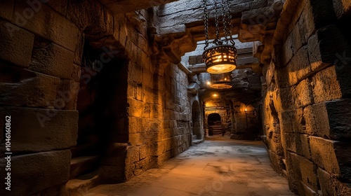 A dimly lit corridor with stone walls, featuring historical architecture and hanging lanterns, creating an eerie yet captivating atmosphere.