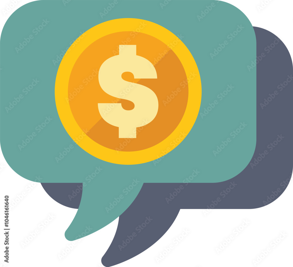 Green speech bubble with a gold coin inside representing talking about money and finances Green speech bubble with a gold coin inside representing talking about money and finances
