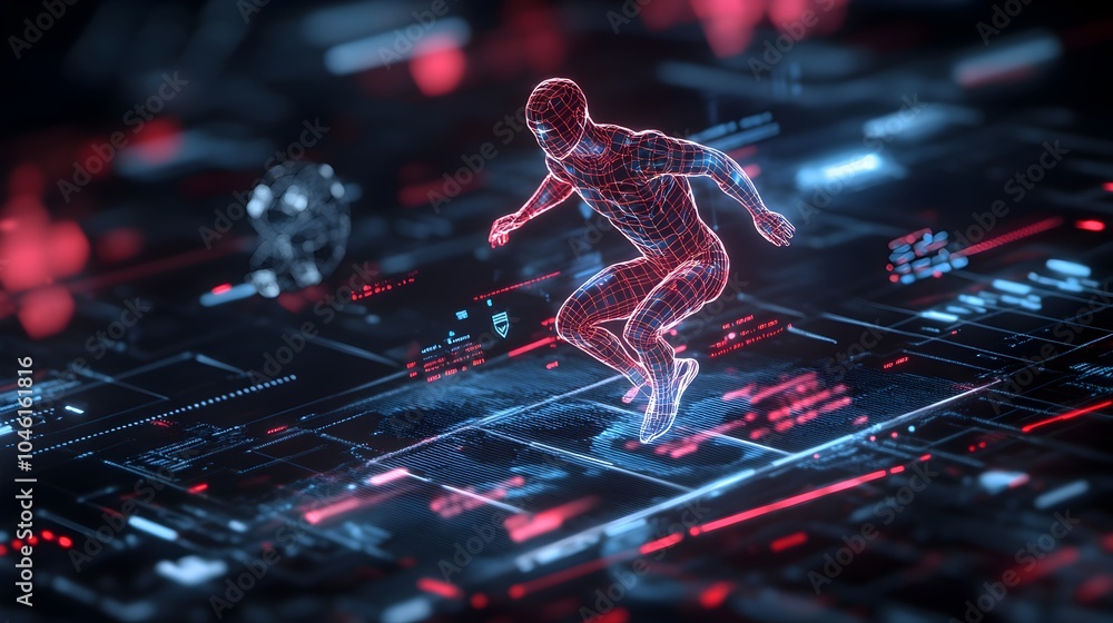custom made wallpaper toronto digitalFuturistic cyborg figure leaping through a glowing neon lit digital landscape with abstract technology interfaces and data visualization elements Dynamic high tech science fiction concept background