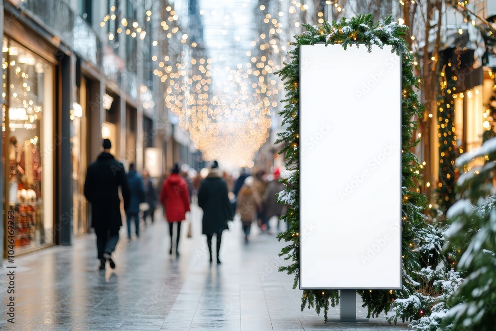Blank Vertical Billboard in Festive City Environment Blank Vertical Billboard in Festive City Environment