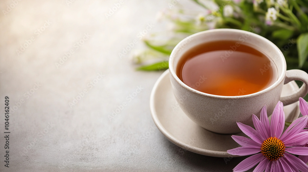 Echinacea tea,cozy moment featuring a steaming cup of tea paired with vibrant flowers,creating a soothing atmosphere perfect for relaxation and mindfulness,copy space Echinacea tea,cozy moment featuring a steaming cup of tea paired with vibrant flowers,creating a soothing atmosphere perfect for relaxation and mindfulness,copy space