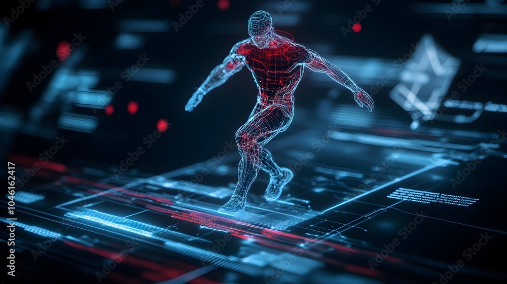 Futuristic wireframe figure performing dynamic motion showcasing digital energy flows and transformative technology Conceptual abstract visualization of innovative interactive Futuristic wireframe figure performing dynamic motion showcasing digital energy flows and transformative technology Conceptual abstract visualization of innovative interactive