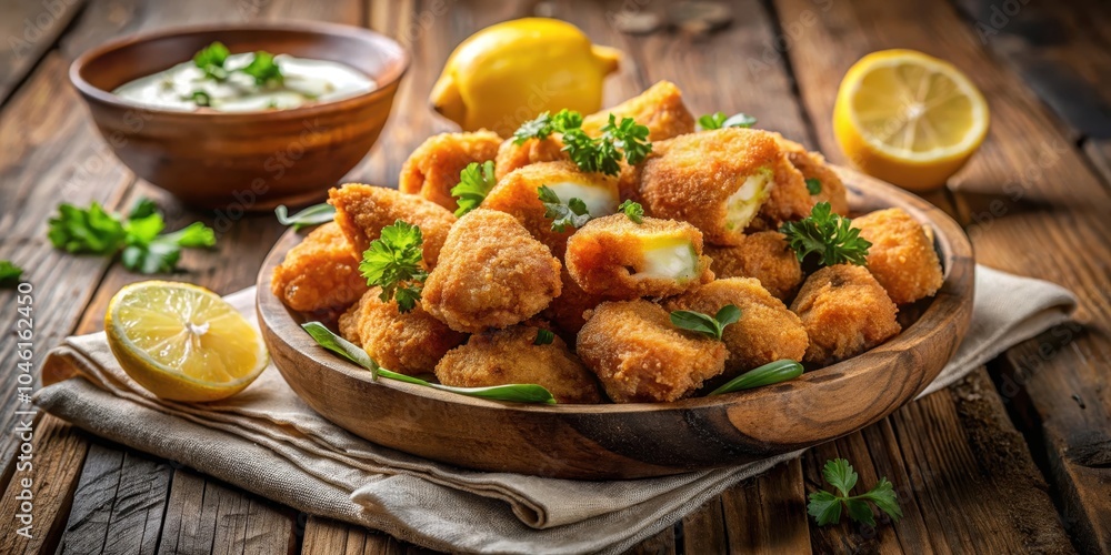Crispy Fried Stuffed Zucchini Bites with Parsley Garnish and Lemon Wedges on Rustic Wooden Table Crispy Fried Stuffed Zucchini Bites with Parsley Garnish and Lemon Wedges on Rustic Wooden Table