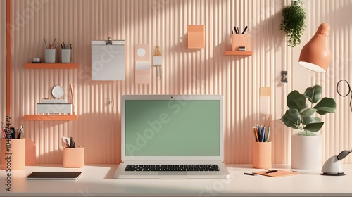 Wallpaper Mural Cozy and productive home office workspace setup with laptop computer decorative shelves potted plant and various office and desk accessories arranged in a minimalist and modern interior design style Torontodigital.ca