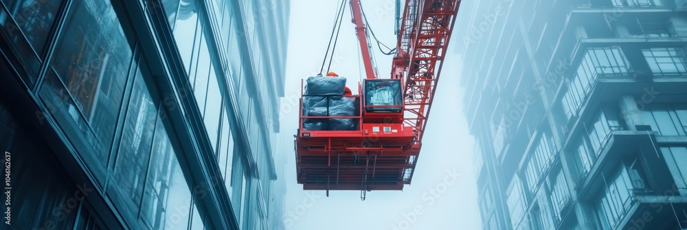 Fototapeta premium Tower crane at a major urban project, actively lifting materials