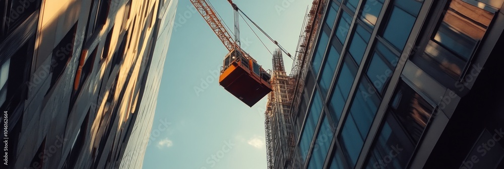 Fototapeta premium Tower crane lifting building materials at a high-rise construction project