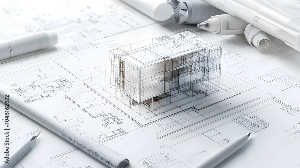 Architectural blueprint schematic 3D model design plan for new building infrastructure project Technical engineering draft drawing showing layout structure Architectural blueprint schematic 3D model design plan for new building infrastructure project Technical engineering draft drawing showing layout structure