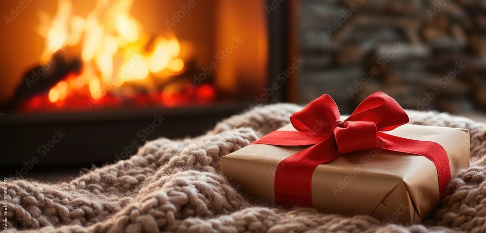 A beautifully wrapped gift with a red bow placed on a soft, knitted blanket by the fireplace. The warm glow from the fire adds a sense of comfort and holiday cheer to the scene. A beautifully wrapped gift with a red bow placed on a soft, knitted blanket by the fireplace. The warm glow from the fire adds a sense of comfort and holiday cheer to the scene.