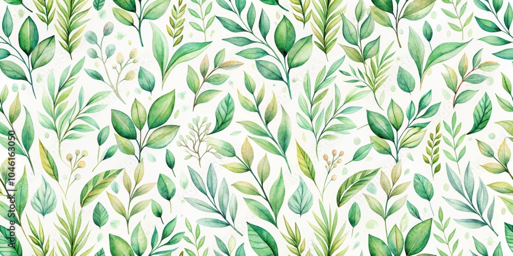 Watercolor Seamless Pattern of Hand Painted Green Foliage and Delicate Stems on a White Background Watercolor Seamless Pattern of Hand Painted Green Foliage and Delicate Stems on a White Background