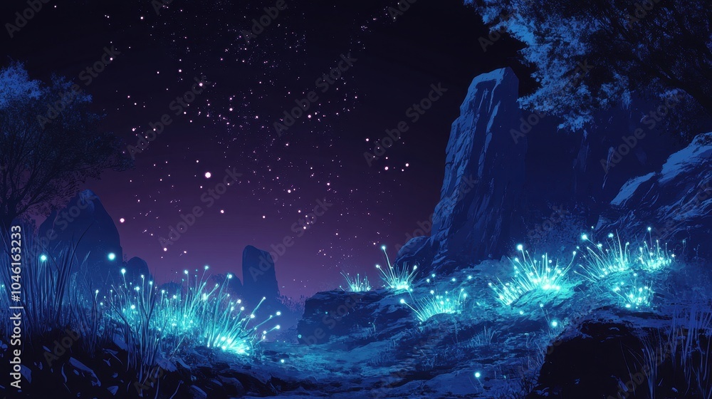 Fototapeta premium A Nocturnal Landscape with Glowing Plants and a Starry Sky